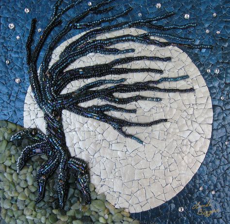 Moon Rise by Linda Biggers, eggshelllady Mixed media mosaic 10" x 10" eggshell, beads, pebbles, Swarovski crystals Eggshell Mosaic, Tree Mosaic, Butterfly Mosaic, Egg Shell Art, Mixed Media Mosaic, Mosaic Garden Art, Shell Mosaic, Mosaic Madness, Mosaic Flowers