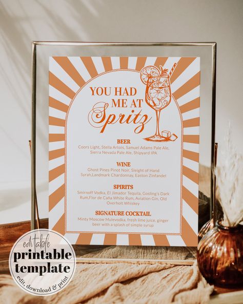 Get the party started with our chic Spritz Bar Menu template! Perfect for any occasion, from an Aperol Spritz Party to a Spritz Bachelorette. Customize with your signature cocktail list effortlessly for a refreshing twist.  ✅ INSTANT ACCESS ✅ EDIT ALL TEXT/FONT & FONT COLOR ✅ PRINT AT HOME OR PROFESSIONALLY ✅ PRINTING SERVICE 👉 https://bit.ly/3MzD1Zf ✅ RELATED ITEMS 👉 https://etsy.me/4b9V96Y ✅ DEMO 👉 https://www.corjl.com/d/LKFEM 𝐖𝐇𝐀𝐓 𝐈𝐒 𝐈𝐍𝐂𝐋𝐔𝐃𝐄𝐃? - Spritz Cocktail Bar Sign - 8x Spritz Party Theme, Aperol Spritz Party, Spritz Bachelorette, Spritz Party, Thats Amore, Love At First Spritz, Italian Spritz, Spritz Bar, Spritz Aperol