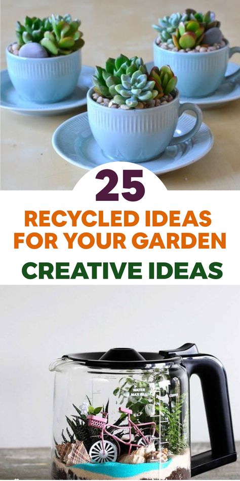 Enhance your garden with 25 innovative recycled concepts that offer both cost savings and environmental benefits! Turn used tires into charming flower planters to bring color and fun to your outdoor area. Repurpose glass bottles as a garden border or walkway, granting new purpose to common objects. Embrace recycling in your garden design to showcase originality and eco-friendliness. Let creativity and sustainability blend beautifully in your outdoor space! Recycled Garden Planter Ideas, Repurposed Plant Pots, Upcycled Planter Ideas, Small Planter Ideas, Plant Diy Projects, Upcycled Plant Pots, Repurpose Glass Bottles, Recycled Garden Planters, Diy Planters Pots