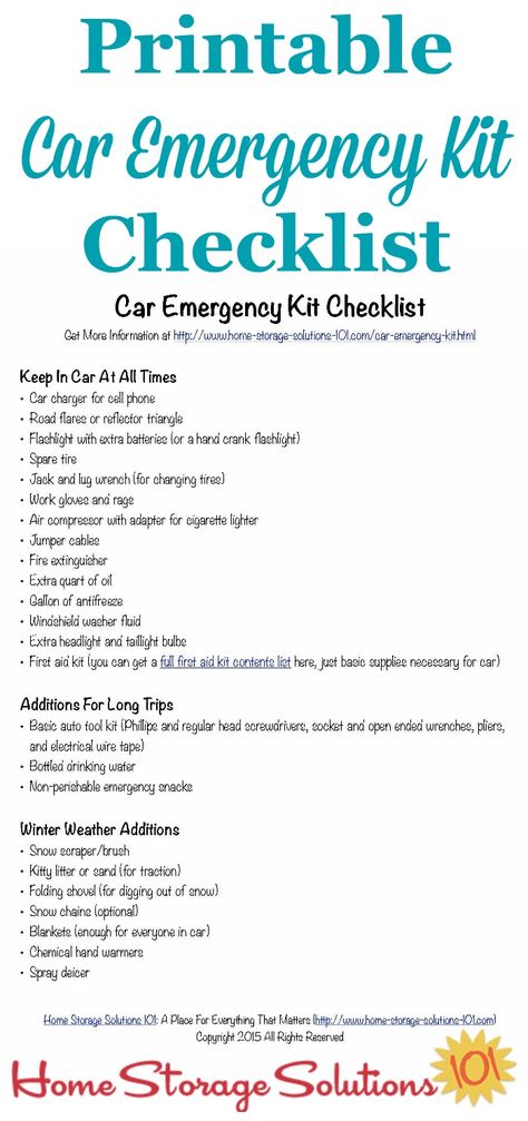 Free printable car emergency kit checklist with all the essentials you need to keep yourself and your family safe in case of emergency in the car {on Home Storage Solutions 101} #CarEmergencyKit #EmergencyPreparedness #CarOrganization Car Emergency Kit List, Car Care Checklist, Emergency Kit Checklist, Car Checklist, Car Emergency Kit, Emergency Preparedness Kit, Car Essentials, Home Storage Solutions, Emergency Prepping