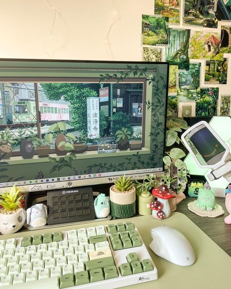 Forestcore Gaming Setup, Genshin Bedroom, Sage Green Desk Setup, Cute Green Things, Aesthetic Set Up, Cute Gaming Set Up, Cozy Gaming Setup Aesthetic, Green Blue Room, Blue And Green Room