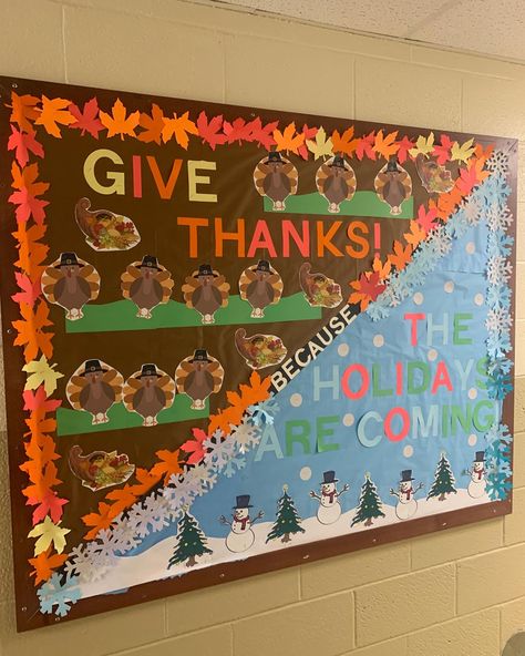 Thanksgiving Christmas Bulletin Board, Thanksgiving And Christmas Bulletin Boards, Classroom Decor Thanksgiving, Thanksgiving Billboard Ideas For School, Thanks Giving Bulletin Boards Ideas, Fall And Winter Bulletin Board Ideas, Thanksgiving Bulletin Board Ideas Infant, November/december Bulletin Boards, Thanksgiving Bulliten Boards Preschool