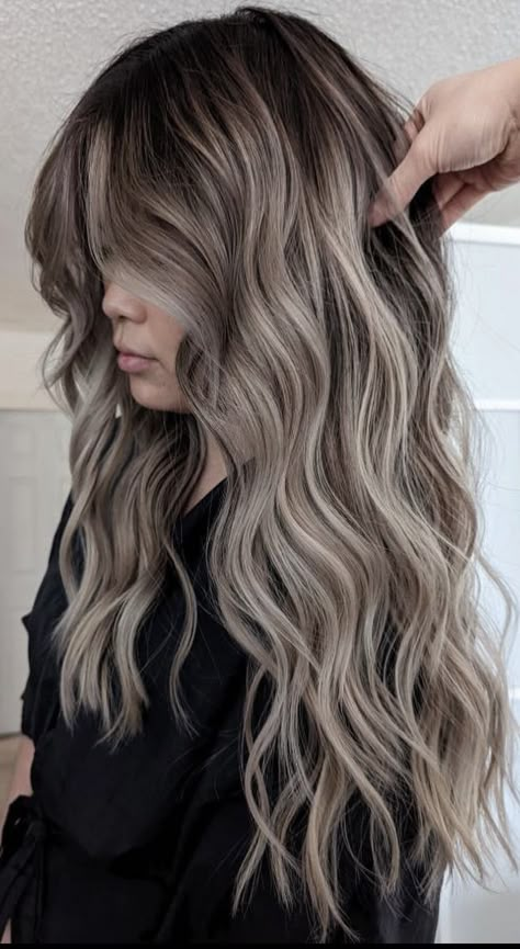 Bright Ash Blonde Balayage, Creamy Platinum Blonde Hair Balayage, Ashy Brown With Blonde Money Piece, Brown Fading Into Blonde Hair, Ash Blonde Hair On Black Hair, Icy Platinum Hair, Smokey Blonde Balayage, Ashy Blonde Balayage On Brown Hair, White Skin Hair Color Ideas