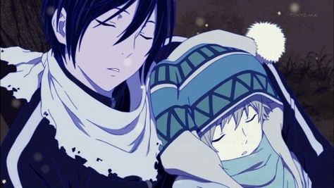 A sleeping Yato and Yukine in the snow.  <3 Yato X Hiyori, Yukine Noragami, Yato And Hiyori, Yato Noragami, Noragami Anime, Kaichou Wa Maid Sama, Anime Gifs, Noragami, Drawing Tutorials