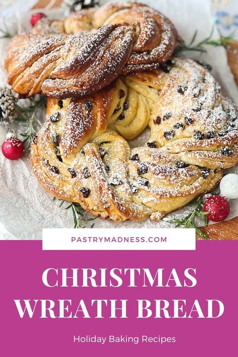 Wreath Bread Christmas, Christmas Sweet Bread Wreath, Christmas Braided Bread, No Knead Christmas Bread, Bread Machine Christmas Bread, Braided Bread Wreath, Christmas Yeast Bread Recipes, Holiday Breads For Gifts, Christmas Wreath Bread Recipe