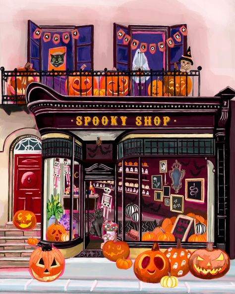 Spooky season is nearly here and my shop collection wouldn’t be complete without a seasonal Halloween shop 🎃👻✨ Shop Illustration, Witchy Things, Shop Front, Halloween Town, Ghost Towns, Shop Interior, Halloween Art, Bits And Bobs, Iphone Wallpapers