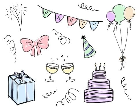 Cute doodle party set hand drawn birthda... | Premium Vector #Freepik #vector #birthday-doodle #party-doodle #kids-doodle #birthday-cartoon Cute Happy Birthday Doodles, Birthday Doodles Hand Drawn, Birthday Cartoon Drawing, Celebration Doodles, Annotation Book, Work Anniversary Cards, Cute Party Ideas, Birthday Doodles, Disney Coloring Pages Printables