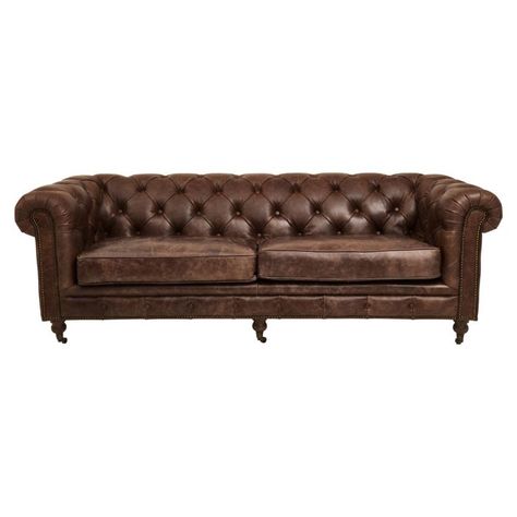 Hoxton Brown Leather Sofa-Premier Housewares Brown Leather Chesterfield Sofa, Leather Sofa Living, Vintage Leather Sofa, Castor Wheels, Leather Chesterfield Sofa, Brown Leather Sofa, Tufted Leather, Three Seat Sofa, Brown Sofa