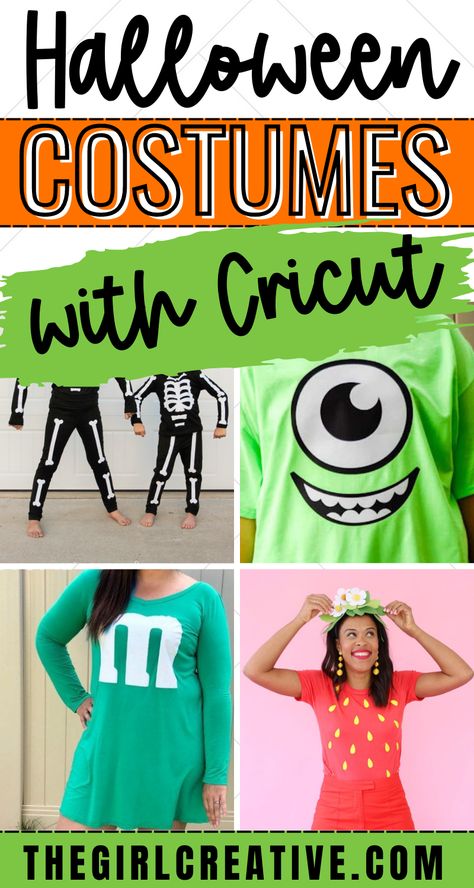 DIY Halloween costumes that you can make with Cricut or Silhouette Cricut Ideas For Halloween, Trick Or Treat Diy Bags, Easy T Shirt Halloween Costumes, Circuit Halloween Costume, Easy Cricut Halloween Shirts, Cricut Costumes Diy, Halloween Shirt Costume Ideas, Pickle Halloween Costume Diy, Halloween Costume Tshirt Ideas