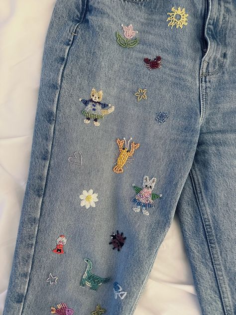 Hand embroidered funny ZARA jeans. It can be brand new jeans that I can order for you and then make an embroidery on it OR you could send me your own jeans! Embroidery On Blue Shirt, Jeans With Beads, Beaded Jeans Diy, Cross Stitch On Jeans, Cute Jeans Aesthetic, Beads On Jeans, Jeans Hand Embroidery, Diy Patches On Jeans, Hand Embroidery On Shoes