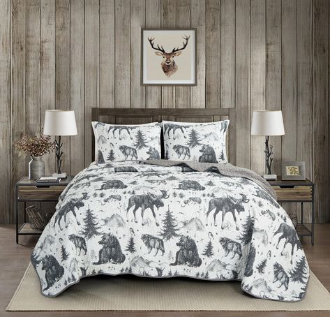 PRICES MAY VARY. 3-Piece Quilted Bedspread Includes: 1 Bedspread, 2 Shams Queen Size Measurements: Bedspread 100" x 95", Shams 20" x 26" A calm and tranquil southwestern cabin lodge inpired theme with wonderful sketch motif of grizzly bears, moose, pinetrees, mountains, and more wildlife. Warm and cozy ambiance for a haven of relaxation in your space. Beautiful printed patterns on a soft microfiber polyester fabric, the quilt is super soft, versatile, and lightweight suitable for year-round use. Southwestern Cabin, Woodland Bedding, Tree Mountain, Bedding Sets Grey, King Bed Sheets, Quilt Bedspread, Lightweight Bedding, Full Bedding Sets, Cabin Lodge