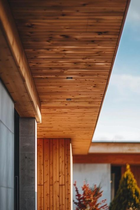 Wood Soffit - Ideas for Elegant Home Exteriors Wood Soffit Exterior Modern, Exterior Corner Trim Ideas, Wood Look Soffit Exterior, Wood Soffit, Soffit Ideas, Vinyl Soffit, Farm Villa, Saved Pictures, Home Exteriors