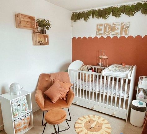 Green And Burnt Orange Nursery, Burnt Orange Nursery Boy, Burnt Orange Nursery, Orange Nursery Boy, Safari Baby Nursery, Baby Safari Nursery, Orange Nursery, Baby Nursery Inspiration, Safari Theme Nursery