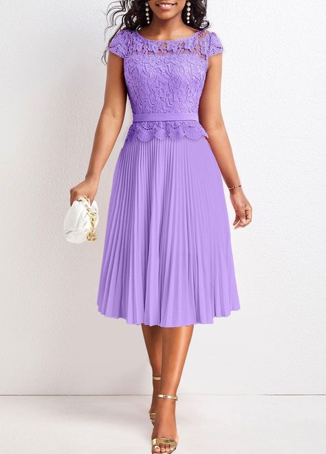 Short Sleeve Lace Dress, Latest Dress For Women, Sleeve Lace Dress, Round Neck Dress, Flowy Design, Lace Short, Round Neck Dresses, Purple Lace, Midi Dress Sleeveless