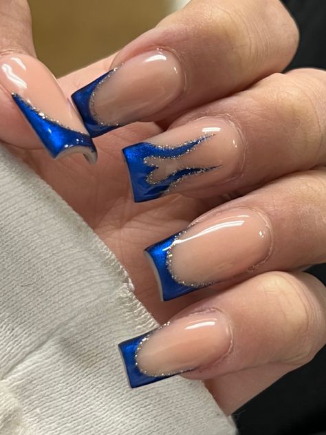 Glitter Royal Blue Nails, Acrylic Nails Blue And Silver, Blue And Silver French Tip Nails, Silver And Royal Blue Nails, Blue And Silver Nails Acrylic, Blue Glitter Nail Designs, Blue New Years Nails, Royal Blue And Black Nails, Dark Blue And Silver Nails