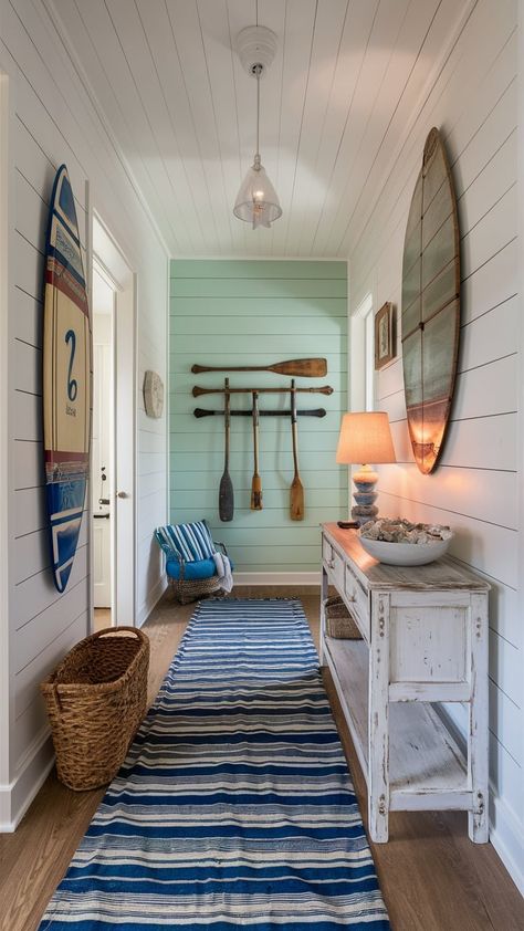 22 Coastal Home Decor Entry Ideas — Coastal Cottage by Celeste Coastal Entryway Ideas, Coastal Foyer, Modern Lake House Decor, Entrance Idea, Cottage Entryway, Calming Coastal, Home Redesign, Beach House Lighting, Coastal Entryway