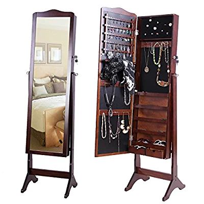 Songmics Armario de pie con espejo para joyas, joyero de madera de pie, color marrón 158 cm JBC82K Large Standing Mirror, Mirror Bedroom Decor, Bed Crown Canopy, Cloud Decoration, Woodworking Table, Simple Furniture, Dressing Mirror, Wooden Mirror, Beauty Room