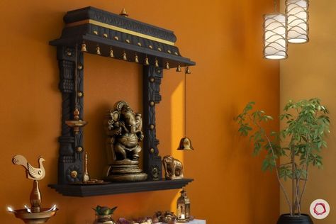 Space-Saving Ideas to Set Up Your Pooja Room Mandir Setup Ideas, Puja Shelf Ideas, Hindu Prayer Room Ideas, Pooja Shelf Ideas Indian, Pooja Setup, Puja Design, Pooja Shelf, Hindu Altar, Diy Altar