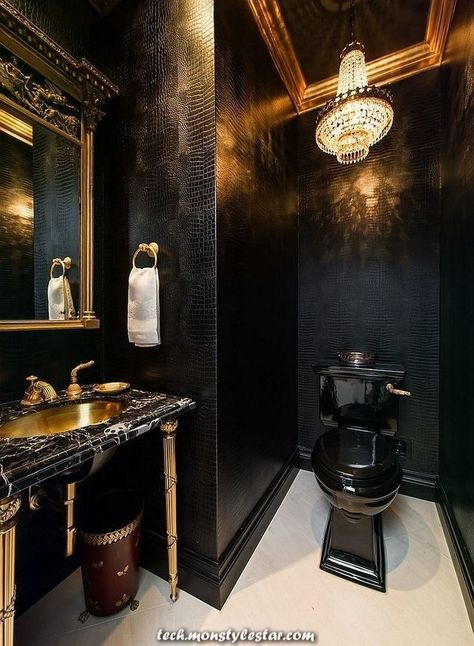 black sink white toilet at DuckDuckGo Small Powder Room Ideas Elegant, Dark Restroom, Luxury Black Bathroom, Black Bathroom Ideas, Scottish Decor, Dark Interior Design, Toilette Design, Bathroom Stand, Black And Gold Bathroom