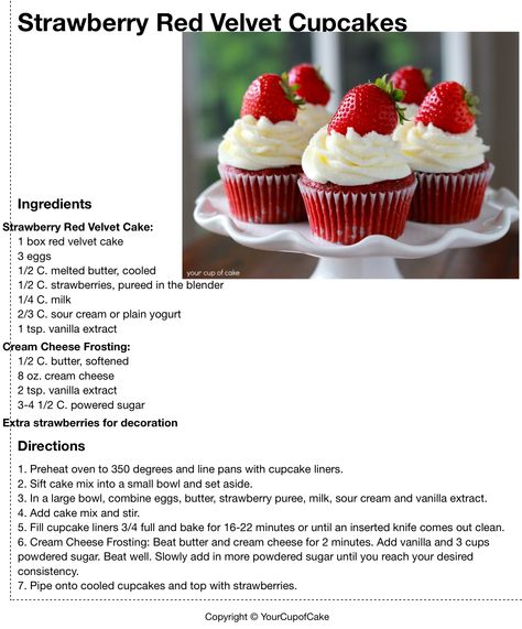 Strawberry Red Velvet Cupcakes, Red Velvet Cupcakes Recipe Easy, Baking Recipes Written, Strawberry Cupcakes Recipes, Cupcake Recipes Red Velvet, Best Red Velvet Cupcake Recipe, Baker Job, Strawberry Cupcake Recipe, Strawberry Cupcakes Recipe