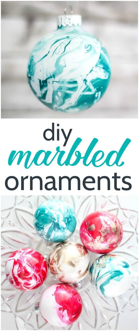 Quick and easy DIY marbled ornaments. These ornaments are gorgeous and so easy to make. The secret to their perfect finish is nail polish in any color scheme you want. Marbled Ornaments, Inexpensive Diy Christmas Gifts, Christmas Ball Ornaments Diy, Marble Ornaments, Diy Xmas Ornaments, Homemade Christmas Presents, Ornaments Diy Kids, Homemade Christmas Crafts, Easy Homemade Christmas Gifts