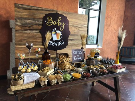 Cheers And Beers Table Set Up, Nacho Bar Baby Shower Ideas, A Baby Is Brewing Baby Shower Ideas Beer, Nacho Bar Table, Chili Bar Baby Shower Ideas, Taco Bar Baby Shower Ideas, Beer Themed Baby Shower Ideas, Beer Baby Shower Ideas, Food For Baby Shower Ideas