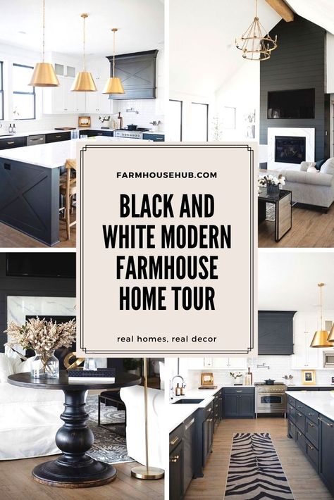 Black and white color palette, natural wood, and brass accents. All of these elements came together beautifully in this black and white modern farmhouse of Stephanie, a wife, and mother of two little boys. She has been sharing her design journey on her Instagram @the_broadmoor_house and her blog The Broadmoore House. She is an expert when it comes to mixing high and low-end decor pieces in her alluring home. Let’s take a look at this beautiful home. All White House Interior With Black Accents, Modern Farmhouse Black And White Bedroom, Farmhouse Black Accents, Black And White Home Decor Farmhouse, Farmhouse Mixed With Modern, Black And White Farmhouse Interior Design, Farmhouse Kitchen Black And White Decor, Homes With Black Accents, All Black And White House Interior