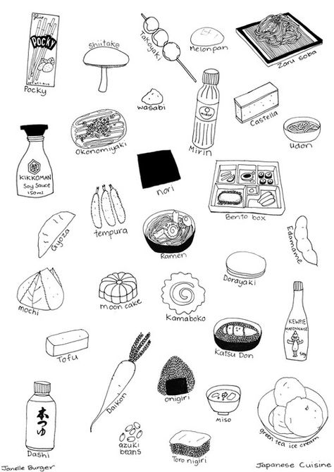 Handy guide, eh Japanese Food Illustration, Food Drawings, Food Sketch, 그림 낙서, Japanese Drawings, Japon Illustration, Illustration Food, Food Chain, Food Drawing