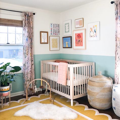 Nursery Ideas Colorful Gender Neutral, North Facing Nursery, Fun Gender Neutral Nursery, Color Block Nursery, Gender Neutral Nursery With Color, Music Inspired Nursery, Colorful Nursery Boy, Colorful Eclectic Nursery, Bright Baby Nursery