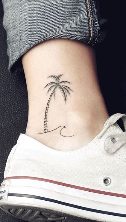 Palm Tree Wave Tattoo Ankle, Palm Tree And Wave Tattoo Ankle, Palm Tree And Dolphin Tattoo, Flamingo With Palm Tree Tattoo, Palm Trees Tattoos For Women, Plam Tree Tattoos For Women, Palm Tree Tattoo Side Ribs, One Line Palm Tree Tattoo, Simple Florida Tattoo