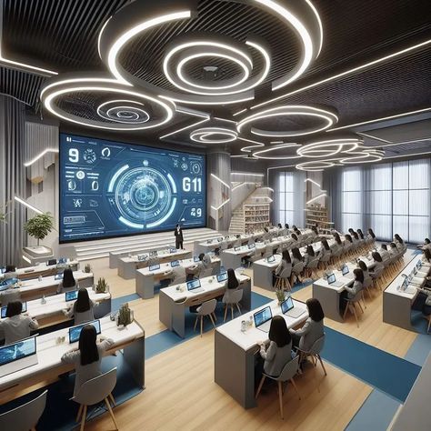 Luxury Classroom Interior, Futuristic School Interior, Stem Room Design, Futuristic School Building, Futuristic University, Futuristic Building Interior, Sci Fi School, Future School Design, Modern School Interior