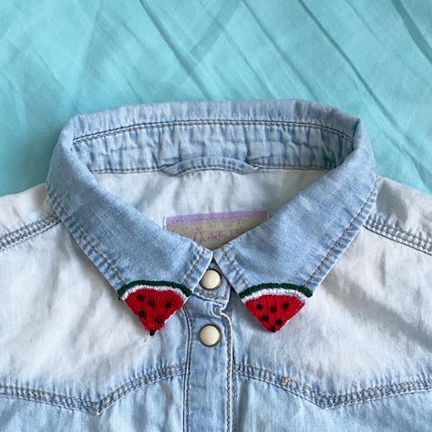 Collar embroidery Watermelon Embroidery, Fruit Embroidery, Watermelon Outfit, Jacket Patches, Denim Jacket Patches, Cord Set, Embroidery Sampler, Kids Fashion Dress, Sewing Embroidery