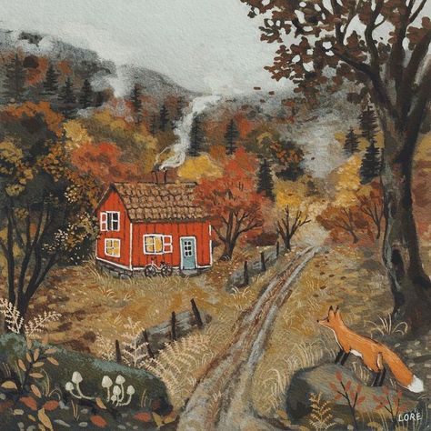 Lore Pemberton, Arte Folk, Autumn Illustration, Red House, Autumn Art, Gouache Painting, Whimsical Art, In The Woods, Painting & Drawing