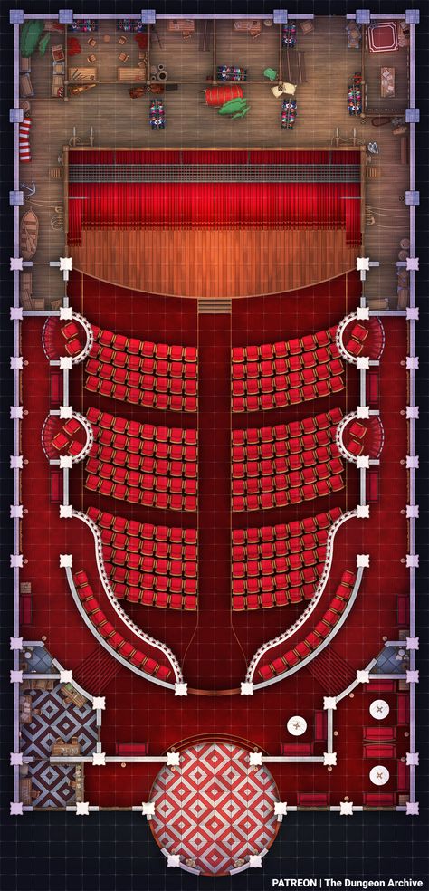 Today we bring what is probably one of my personal favorite maps so far:  We we present to you the Theater Battlemap.   The disappearance of people is becoming a real issue, but you want to set aside your worries and attend an entertaining night at The Theater. However, during the play, you notice The Theater gradually emptying... what's going on?  This DnD Battlemap have a size of 26x54. Theater Battlemap, Dnd Stage Map, Fantasy Theater, Classroom Map, Pathfinder Maps, Space Map, Dnd World Map, Building Map, Fantasy World Map