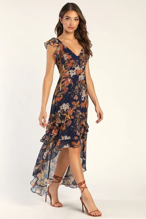 blue floral - Lulus Search Country Long Dress, Tennessee Fall Wedding Guest Dress, High Low Summer Dress, Fall Barn Wedding Guest Dress With Boots, Fall Country Wedding Guest Dress, Country Casual Wedding Guest, Rustic Wedding Guest Dress, Rustic Wedding Outfit Guest, April Wedding Guest Outfit