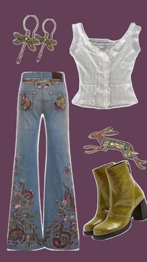 Blue Cottage Core Top Dragonfly Metal Earrings Flared Jeans with Flower Paches Green Heel Boots Green Heel Boots, Fairy Core Outfits, Flower Jeans, Blue Cottage, Green Heels, Hippie Outfits, Blue Outfit, Flared Jeans, Metal Earrings