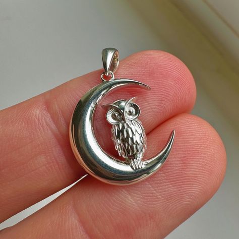 What do you think of my latest creation—a sterling silver owl nestled within a moon crest, soon available in 9ct gold. 🦉 🌙 It captures the cool, celestial vibe perfectly. This piece symbolizes wisdom and mystery, making it a profound yet stylish addition to any collection. Stay tuned! #owllovers #owlobsession #owlpendant #owl #🦉 Sterling Silver Owl, Gold Animals, Silver Owl, Owl Lovers, Owl Pendant, Think Of Me, Unique Animals, Moon Pendant, Animal Jewelry