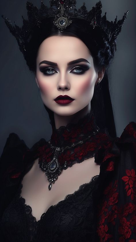 Gothic Bride Makeup Halloween, Queen Of Darkness Makeup, Lady Vampire Makeup, Queen Makeup Royal, Vampire Queen Makeup, Victorian Vampire Makeup, Dark Queen Makeup, Queen Makeup Halloween, Hot Vampire Costume