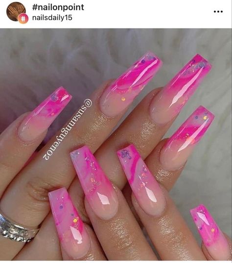 Hot Pink Marble Acrylic Nails, Bright Pink Marble Nails, Neon Pink Marble Nails, Hot Pink Nails With Design Glitter, Neon Pink Nails With Glitter, Hot Pink Bling Nails, Hot Pink Birthday Nails, Hot Pink Acrylics, Hot Pink Marble Nails