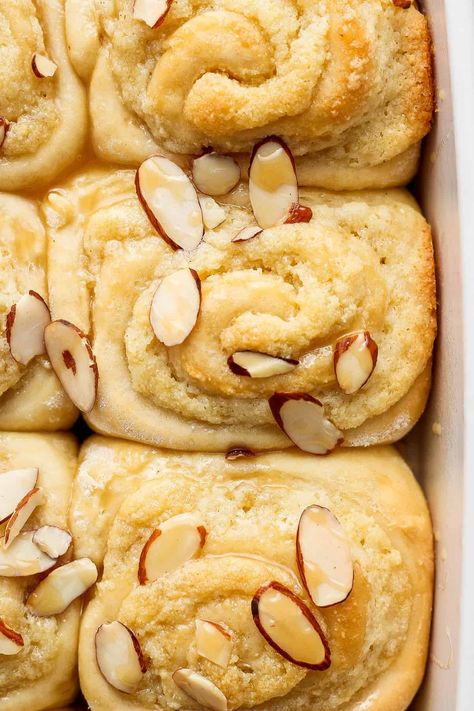 Almond Croissant Cinnamon Rolls - Fit Foodie Finds Almond Croissant Rolls, Homemade Almond Croissants, Breakfast Meal Train Ideas, Almond Crescent Rolls, Unique Cinnamon Rolls Homemade, Almond Sweet Rolls, Almond Crossiant Recipes, Banana Nut Cinnamon Rolls, Almond Baked Goods