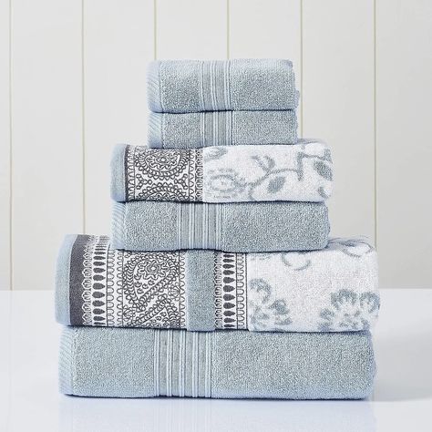 Modern Threads 6 Piece Set, 2 Bath Towels, 2 Hand Towels, 2 Washcloths Yarn Dyed Jacquard/Solid Towel Set Ophelia Blue Shades Of Light Blue, The Other Half, Cotton Bath Towels, Other Half, Jacquard Pattern, Bath Towel Sets, Bathroom Towels, Cotton Towels, Yarn Dyeing