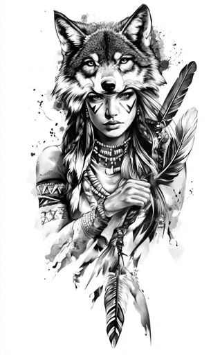 ↑↑↑ Larger size on website 🔸 The image is a black and white drawing of a woman with a wolf head headdress. She has Native America Native Warrior Woman Tattoo, Anishinaabe Tattoo, Indian Tattoo Sleeve, Blackfoot Indian Tattoo, Native American Indians Women, She Wolf Tattoo, Native American Woman Tattoo, Native American Headdress Tattoo, Native American Tattoos For Women