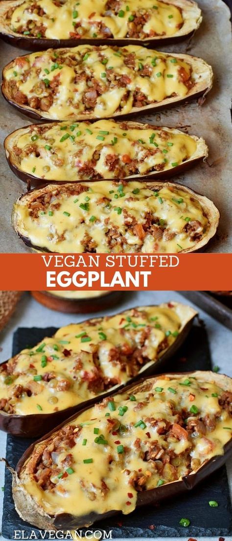 Stuffed baked eggplant with lentils and vegan cheese! This is a simple weeknight dinner, side dish or entrée which contains wholesome ingredients. The recipe is meat-free, plant-based, low-carb, and easy to make! #veganstuffedeggplant #stuffedeggplant #bakedeggplant #aubergines #vegandinner #elasrecipes | elavegan.com Aubergine Recipe, Eggplant Recipes Easy, Vegan Eggplant, Stuffed Eggplant, Dinner Side, Baked Eggplant, Vegan Main Dishes, Lentil Recipes, Eggplant Recipes