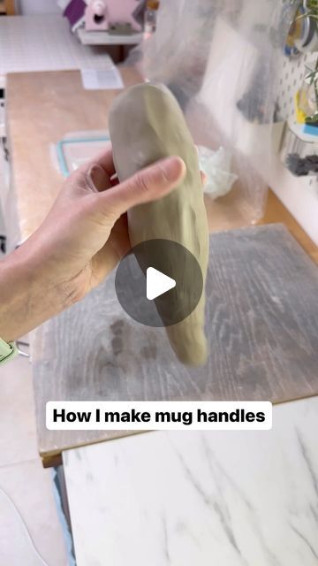 Glaze Me Pretty | Handmade Ceramics on Instagram: "There are so many ways of making handles! This is just how I do it ☺️ I roll a big lump of clay and cut into sections; I cut all the handles I'll be attaching that day. Then I pull them in groups of 5, hanging them from a table. Once those are attached to mugs, I pull the next 5 and repeat. Next reel will be how I attach the pulled handles to the mug bodies 🤓 #potterystudio #relaxingtime #satisfying #potterytechniques #potterytips #making #claycraft"