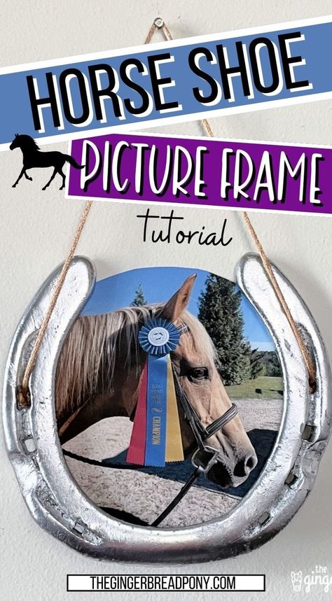 Here’s a neat idea for a distinctly horse themed craft! Make a horseshoe picture frame with minimal supplies. Gather up some old horseshoes and get ready to create an adorable piece of wall decor for your house or barn! This is a great horse camp craft or fun party favors! Great pony and horse themed DIY to try making. #thegingerbreadpony #horseshoe #horse #pony #diy Horseshoe Diy Craft Ideas, Horse Shoe Picture Frame, Horse Shoe Crafts Diy Ideas, Horseshoe Picture Frame, 4h Horse Stall Decorations, Diy Horseshoe Crafts Projects, Horse Arts And Crafts, Easy Horse Crafts, Horse Camp Games