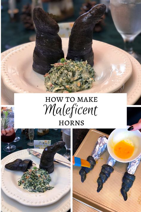 How to make delicious Maleficent Horns for your next Disney party! Nerdy Recipes, Disney Movie Night Food, Maleficent Party, Bread Cones, Maleficent Halloween, Maleficent Horns, Black Bread, Disney Inspired Food, Movie Night Food