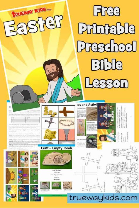 Free printable Easter Bible lesson. Covering good Friday through to Easter. Empty tomb craft, coloring pages, Easter Bible games and Activities for home. Ideal for preschool children Easter Story For Preschoolers, Easter Lesson Plans Preschool, Empty Tomb Craft, Easter Sunday School Activities, Easter Empty Tomb, Easter Story For Kids, Trueway Kids, Coloring Pages Easter, Easter Lessons