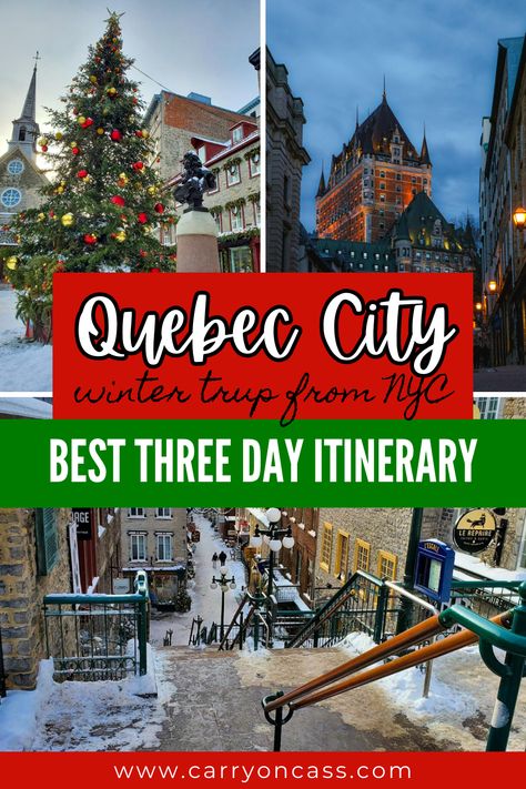 Looking for a special place to celebrate the Christmas holidays? Look for further than Quebec City, Canada. Less than two hours from New York City, Quebec City is a winter wonderland waiting to be explored. And the best part is, you can do it in three days! Click here for my itinerary so you can experience it yourself! Quebec City New Years Eve, Winter In Quebec City, Old Quebec City Winter, Quebec City Itinerary, Things To Do In Quebec City, Quebec City Canada Christmas, Quebec Christmas, Quebec City Christmas, Quebec City Winter