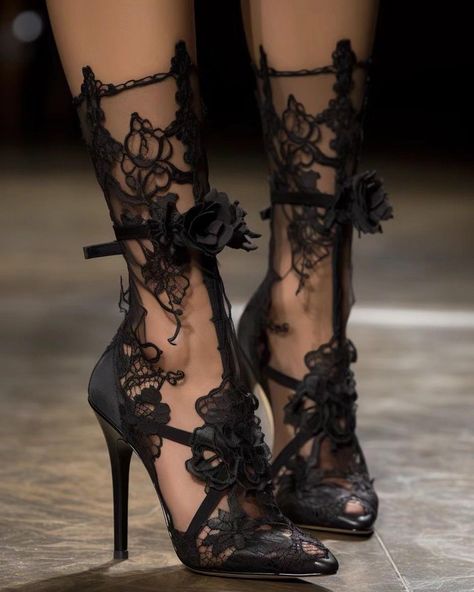 black lace heels ai mj 🖤🤍 Goth Heels, Black Lace Heels, Lace Heels, Lace Socks, Cute Heels, Girly Shoes, Creation Couture, Pretty Shoes, Dream Shoes