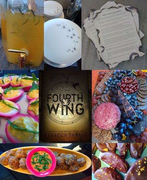 How to host a Fourth Wing Book Club Party with Tairn, Violet, and Dragon inspired recipes to theme your night Fourth Wing Book Club Food Ideas, Fourth Wing Book Club Party, Fourth Wing Book Club Food, Fourth Wing Party Ideas, Fourth Wing Book Club, Fourth Wing Party, Onyx Storm, Book Club Ideas Hosting, Reading Retreat